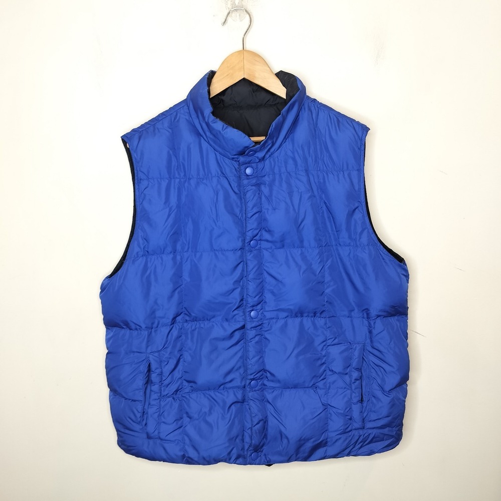 Lands End Down Puffer Vest Reversible Blue Black Insulated